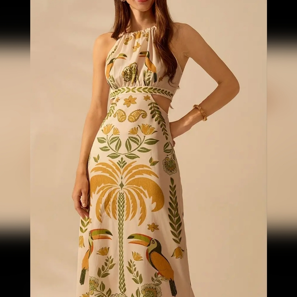 Green and Gold Tie Front Cut Out Maxi Dress - Picture 2 of 5